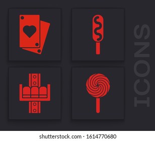 Set Lollipop, Playing card, Corn dog and Attraction carousel icon. Vector