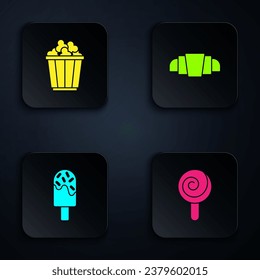 Set Lollipop, Popcorn in box, Ice cream and Croissant. Black square button. Vector