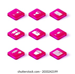 Set Lollipop, Popcorn in cardboard box, Ice cream, Bottles of wine wooden, Detailed calendar, Glass champagne, DJ remote for playing and mixing music and Bouquet flowers icon. Vector
