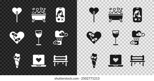 Set Lollipop, Romantic in bathroom, Dating app online, Ice cream waffle cone, bench, Healed broken heart and Wine glass icon. Vector