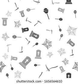 Set Lollipop , Scythe , Spider web  and Tombstone with cross  on seamless pattern. Vector