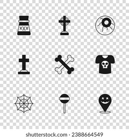 Set Lollipop, Shirt with skull, Happy Halloween holiday, Crossed bones, Eye, Bottle potion, Tombstone cross and  icon. Vector