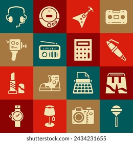 Set Lollipop, Short or pants, Fountain pen nib, Electric bass guitar, Radio with antenna, Retro cinema camera, Headphones and Calculator icon. Vector