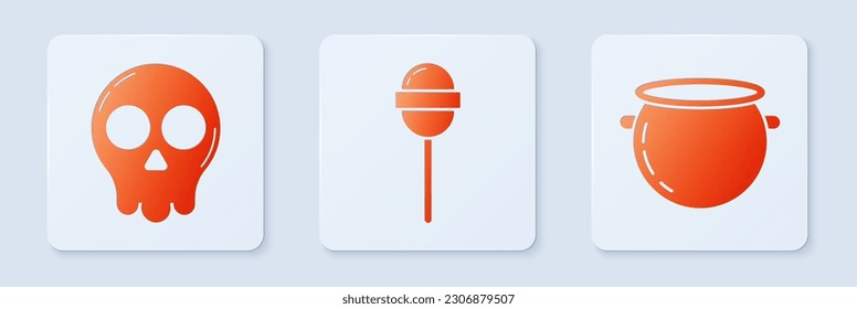 Set Lollipop , Skull  and Halloween witch cauldron . White square button. Vector