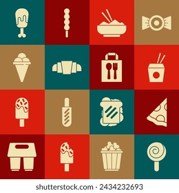 Set Lollipop, Slice of pizza, Asian noodles and chopsticks, Rice in bowl with, Croissant, Ice cream waffle cone, Chicken leg and Online ordering delivery icon. Vector