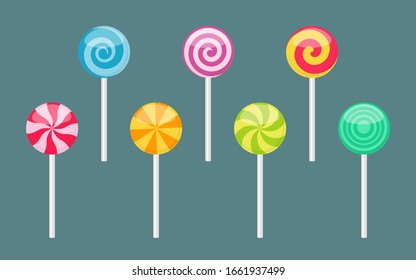 Set of lollipop sweet colorful candies with various spiral and ray patterns. Vector illustration isolated on plain background 