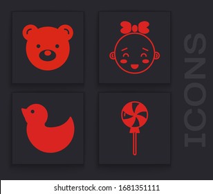Set Lollipop, Teddy bear plush toy, Happy little girl head and Rubber duck icon. Vector