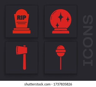 Set Lollipop , Tombstone with RIP, Magic ball  and Wooden axe  icon. Vector