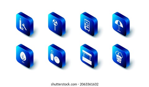 Set Lollipop, Vending machine, Sun protective umbrella, Popcorn box, Ticket office, Bowling pin and ball, Tree and Striker attraction with hammer icon. Vector