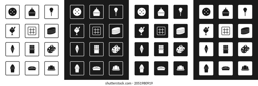 Set Lollipop, Waffle, Ice cream in bowl, Cookie or biscuit, Brownie chocolate cake, Cake,  and waffle cone icon. Vector