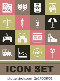 Set Lollipop, Water slide, Sun protective umbrella, Hockey table, Firework rocket, Road traffic signpost, Amusement park map and Bottle of water icon. Vector