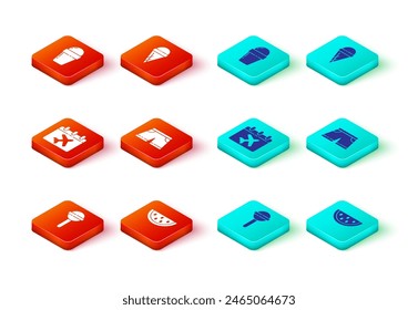Set Lollipop, Watermelon, Calendar and airplane, Swimming trunks, Ice cream waffle cone and  icon. Vector