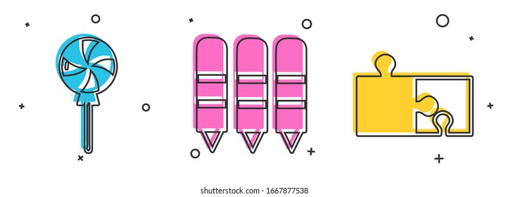 Set Lollipop, Wax crayons for drawing and Piece of puzzle icon. Vector