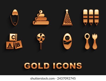 Set Lollipop, Wax crayons for drawing, Baby cutlery with fork and spoon, Newborn baby infant swaddled, ABC blocks, Party hat, Classic steel safety pin and Pyramid toy icon. Vector