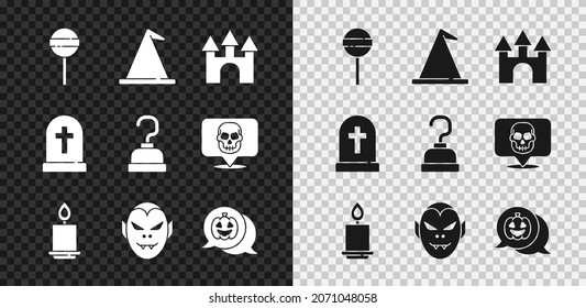 Set Lollipop, Witch hat, Castle, Burning candle, Vampire, Pumpkin, Tombstone with cross and Pirate hook icon. Vector