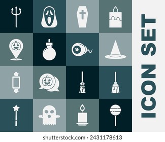 Set Lollipop, Witches broom, hat, Coffin with cross, Bomb ready to explode, Pumpkin, Neptune Trident and Eye icon. Vector