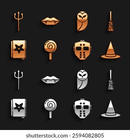 Set Lollipop, Witches broom, hat, Hockey mask, Ancient magic book, Owl, Neptune Trident and Vampire teeth icon. Vector