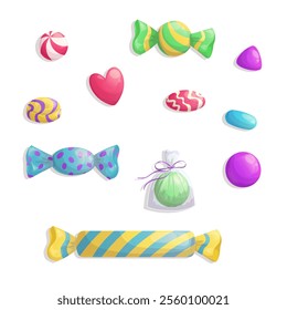 A set of lollipops of different shapes. The concept of sweet dishes, desserts and confectionery. Vector illustration on a white background for a poster, banner, postcard, advertisement.