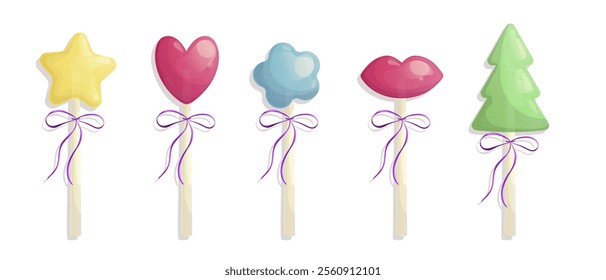 A set of lollipops of different shapes: heart, flower, lips, star, Christmas tree. Vector illustration on a white background for a poster, banner, postcard, advertisement.