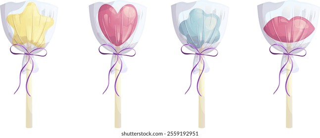 A set of lollipops of different shapes in a transparent package: heart, flower, lips, star. Vector illustration on a white background for a poster, banner, postcard, advertisement.