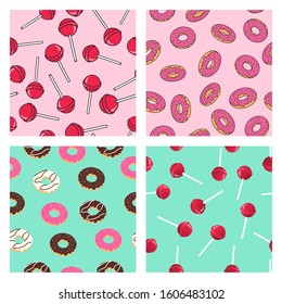 Set lollipops and donuts seamless pattern comics and pop style for wallpaper or fabric