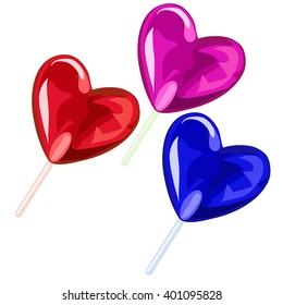 A set of lollipops in heart shape isolated on white background. Vector cartoon close-up illustration.