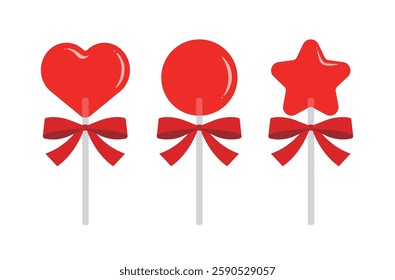 A set of lollipops in the shapes of stars, hearts and circles with ribbons.