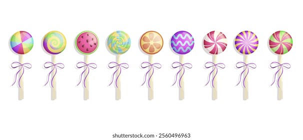 A set of lollipops, spiral, fruit candies. The concept of sweet dishes, desserts and confectionery. Vector illustration on a white background for a poster, banner, postcard, advertisement.