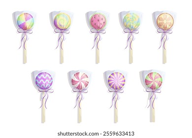 A set of lollipops in a transparent package, spiral, fruit candies. Vector illustration on a white background for a poster, banner, postcard, advertisement.