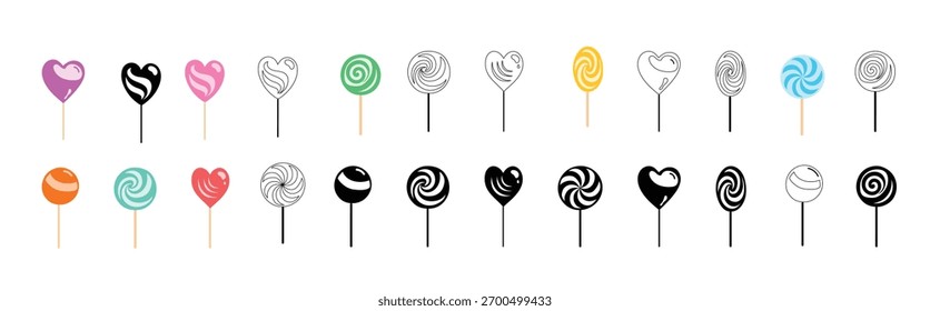 Set of lollipops in various shapes and patterns isolated on white background. Black silhouettes, outlines, and colored versions. Concept of sweet candy, confectionery treats, heart and swirl shapes