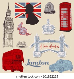 Set of London doodles - for design and scrapbook - hand drawn in vector