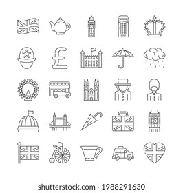 Set of London, England and UK icons thin line icons. Linear symbols collection. Set of outline flat vector illustrations isolated on white background