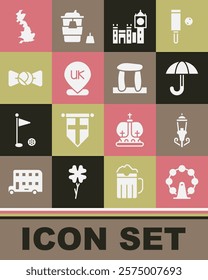 Set London eye, Vintage street light, Umbrella, Big Ben tower, Location England, Bow tie, map and Stonehenge icon. Vector