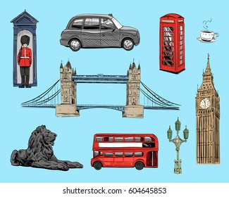 Set of London hand drawn landmarks. Objects symbolizing England. Vector illustration collection: Big Ben, Tower Bridge, Double-decker buses, taxi cab,Trafalgar Square Lions.