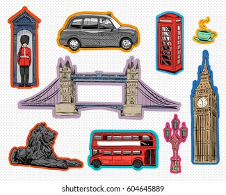 Set of London hand drawn landmarks. Objects symbolizing England. Vector illustration collection: Big Ben, Tower Bridge, Double-decker buses, taxi cab,Trafalgar Square Lions.