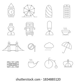A set of London icons. England line symbols collection. Mobile app elements.