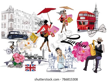 Set of London illustrations with fashion girls, cafes and musicians. Vector illustration.