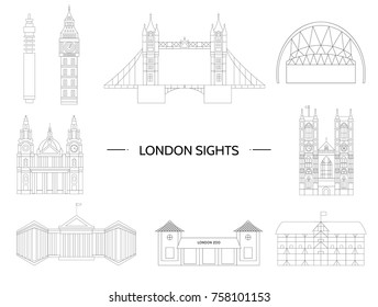 Set of London sights. Vector illustration of England places of interest. Symbols of London city. Vector line drawing. Geometric flat illustration
