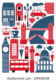 A set of London symbols and landmarks.