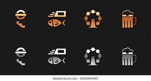 Conjunto de Londres bajo tierra, pescado y patatas fritas, ojo y taza de cerveza de madera icono. Vector