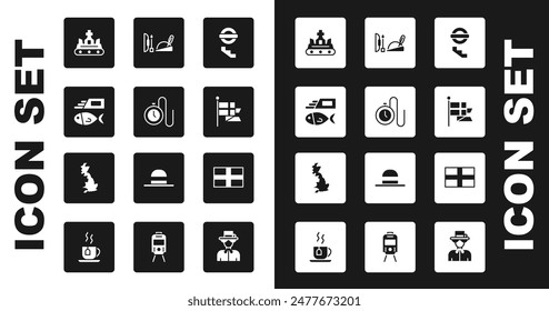 Set London underground, Watch with a chain, Fish and chips, British crown, England flag flagpole, Robin hood hat, Flag of and map icon. Vector