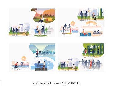 Set of lonely people among shadows. Flat vector illustrations of cartoon characters in crowds. Loneliness concept for banner, website design or landing web page