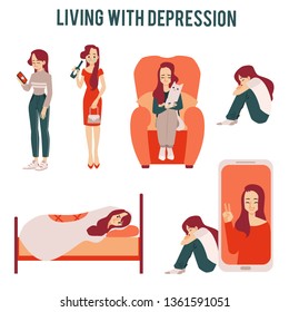 Set of lonely unhappy women suffering from depression or relationship breakdown icons. Depressed girls loneliness concept vector illustration isolated.