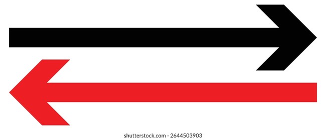 Set of long arrow icon. Black and red horizontal double side arrow. Straight long arrow vector icon set. Long arrows left and right in flat style. Long arrow symbol, icon design.