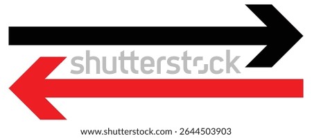 Set of long arrow icon. Black and red horizontal double side arrow. Straight long arrow vector icon set. Long arrows left and right in flat style. Long arrow symbol, icon design.
