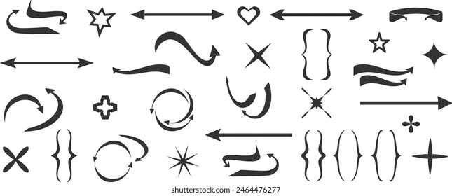 Set of long arrows and abstract symbols.Circular arrows. Mathematical brackets. Vector 