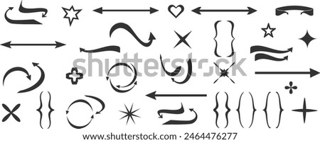 Set of long arrows and abstract symbols.Circular arrows. Mathematical brackets. Vector 