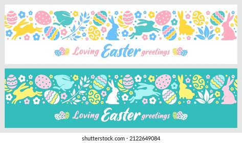 Set of long banners with seamless pattern for Easter celebration. Cute design elements with congratulation text, bunny, colored eggs and flowers. Vector illustration.