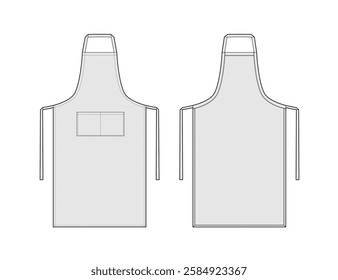 Set of Long Bib Aprons technical fashion illustration. Chef uniform for cooking Flat sketch outline apparel template front, back view. Women, men unisex CAD mockup isolated on white background