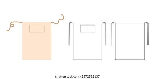 Set of Long Bistro Aprons technical fashion illustration. Chef uniform for cooking beige cartoon Flat sketch outline apparel template front, back view. Women, men unisex CAD mockup isolated on white